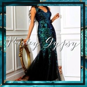 Black and Teal Sequin Mermaid Ball Gown